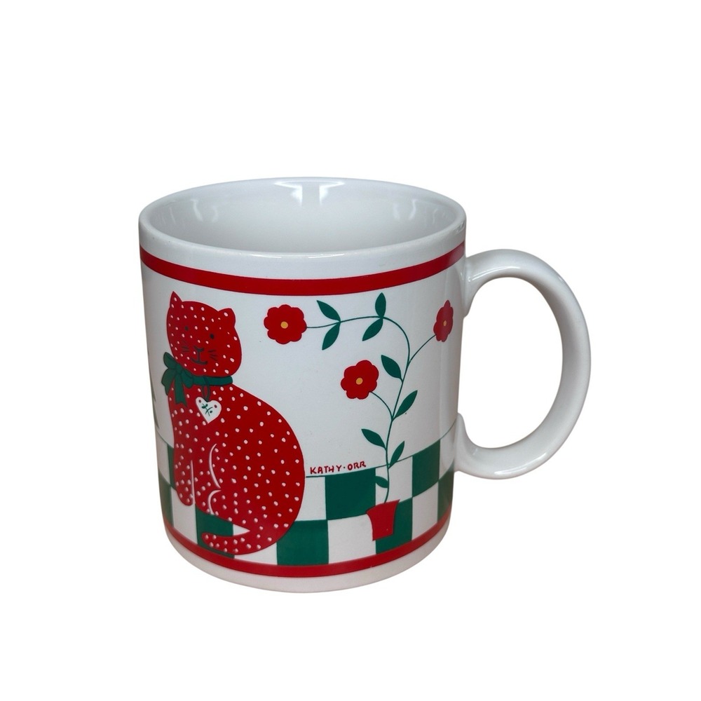 Kathy Orr Christmas Tree Green Red Calico Cat BOA Checkers Checked Off Mug Cup